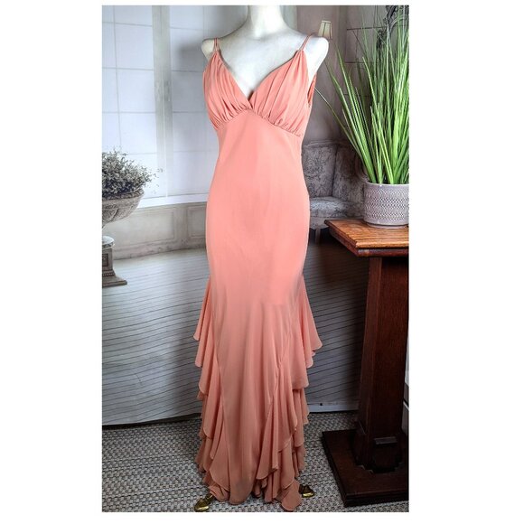 Cachet Lovely Pink Peach Chiffon Ruffle Evening Dress Long Gown sz 8 V-Neck - Picture 2 of 10